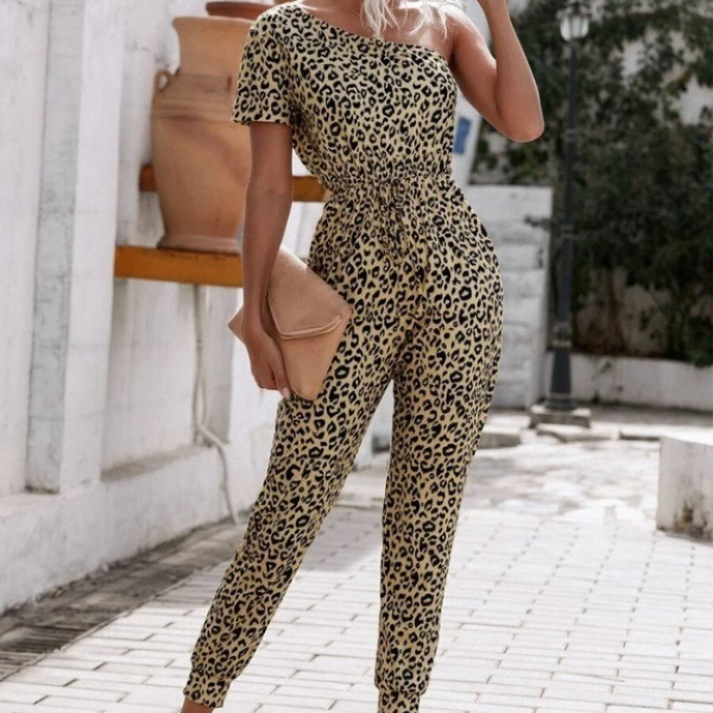 Leopard Print One Shoulder Jumpsuit - Picture 2 of 6